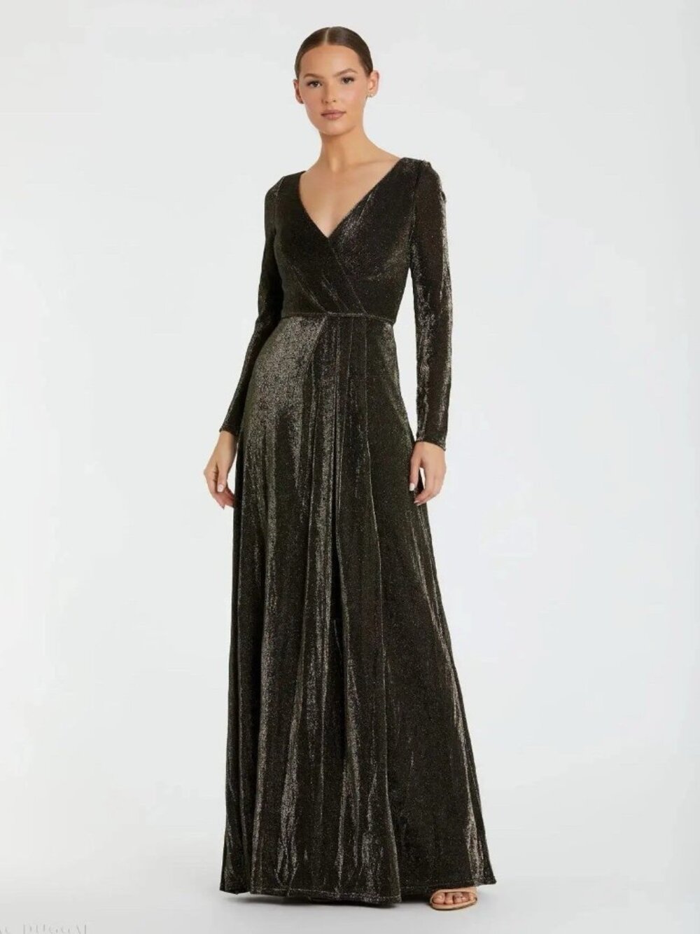 Mac Duggal Size 8 Black Gold 49088 Long Sleeve Faux Wrap A Line Gown Dress NWT - Picture 2 of 13